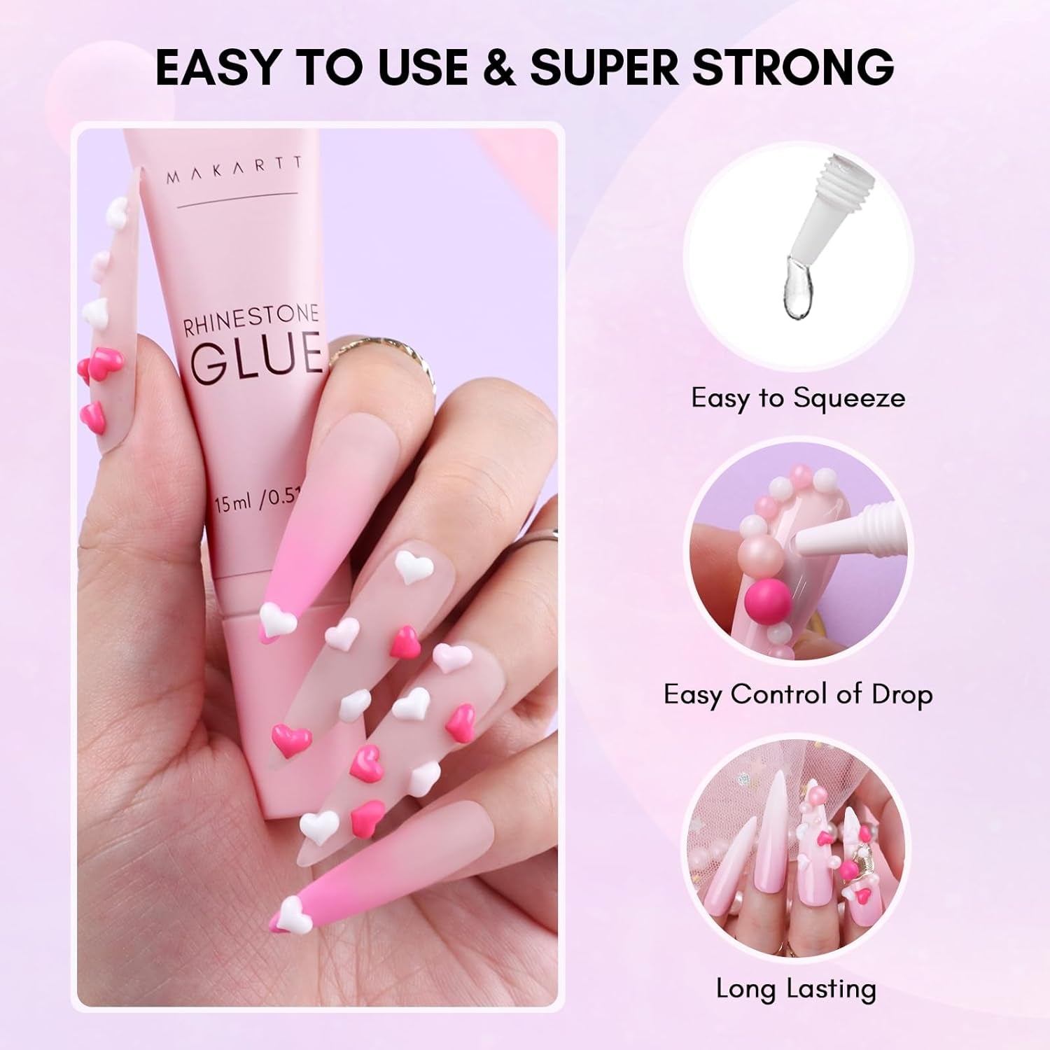 Gel adeziv pentru strasuri Makartt - Set de adeziv UV pentru unghii 15ml cu brelocuri roz pentru unghii, bijuterii pentru unghii în formă de inimă și cerc și accesorii pentru designul unghiilor, pentru manichiură acasă, cadou de Ziua Îndrăgostiților