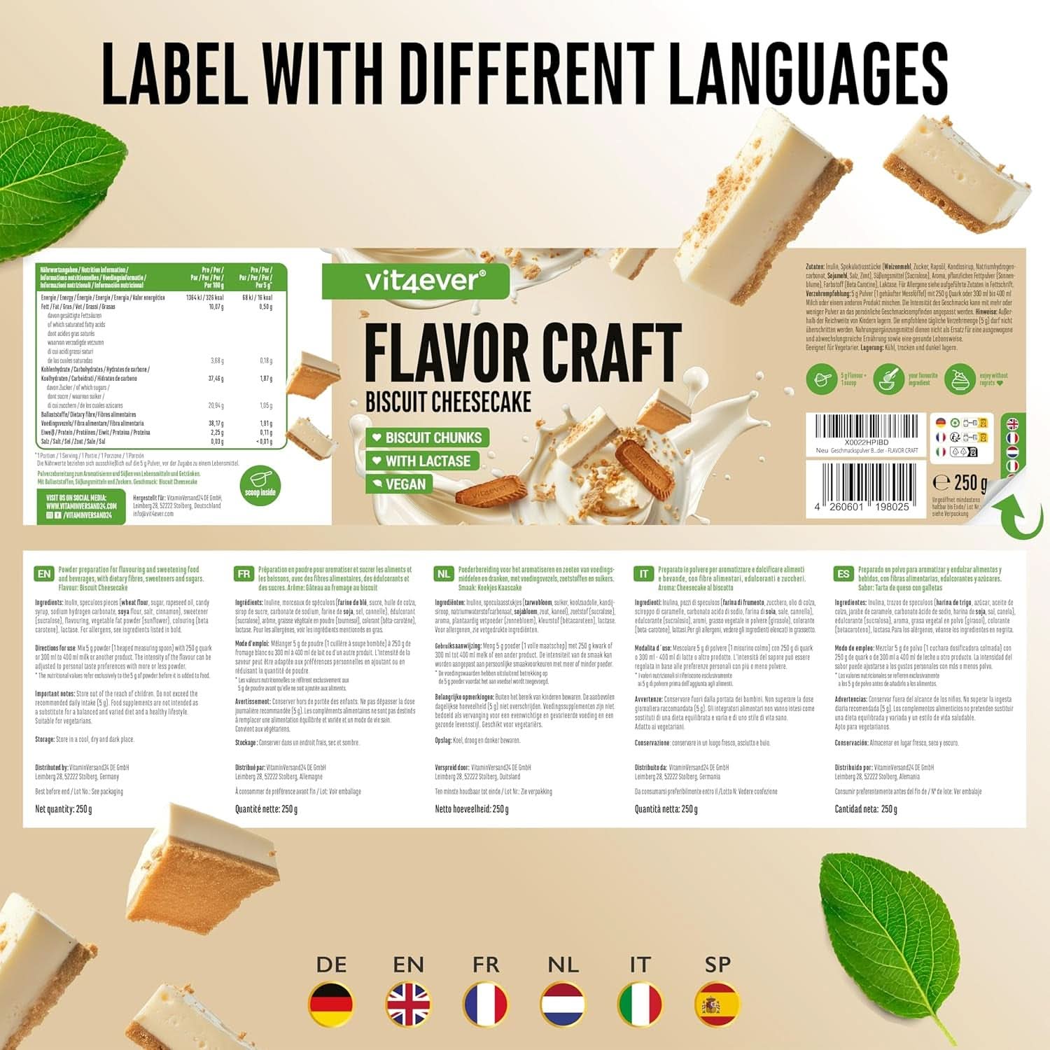 Biscuit Chessecake flavor powder with lots of pieces - 250 grams Naty Shop Flavors