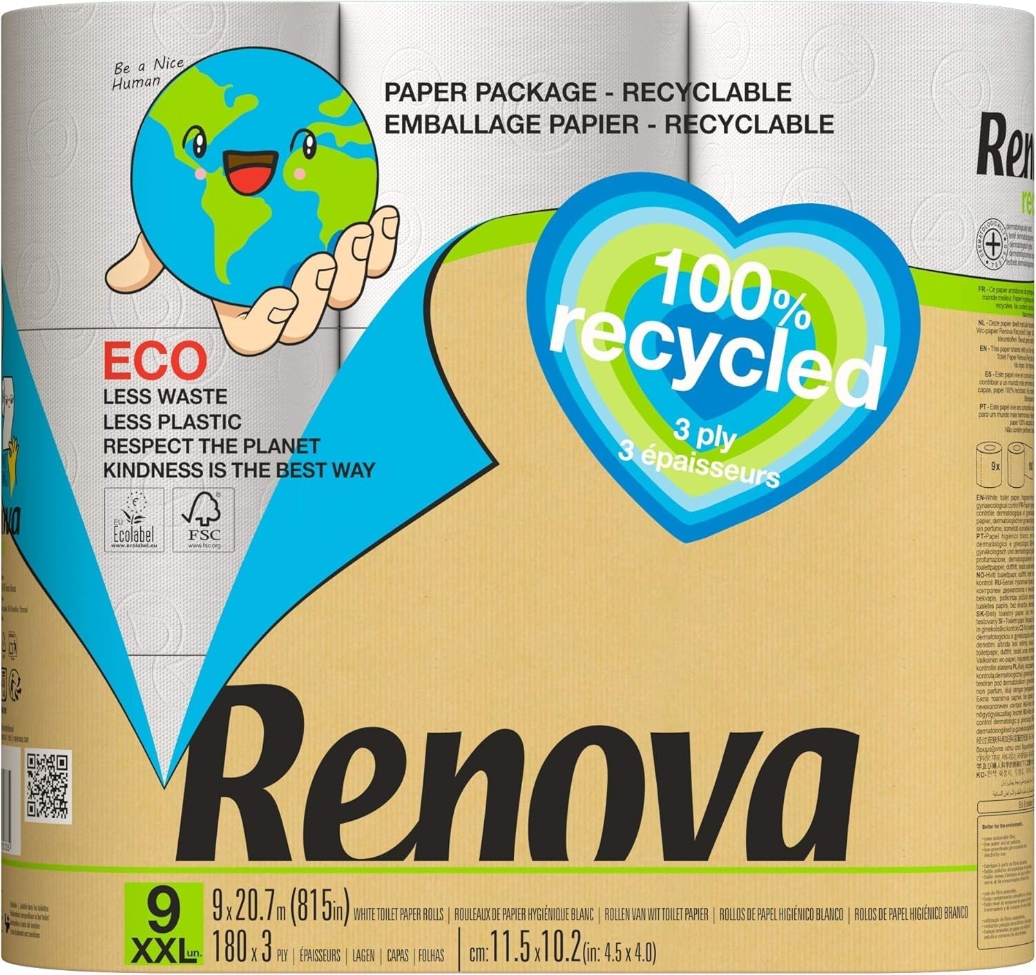 Hârtie igienică Renova 100% RECICLATĂ 9 role, albă, normală