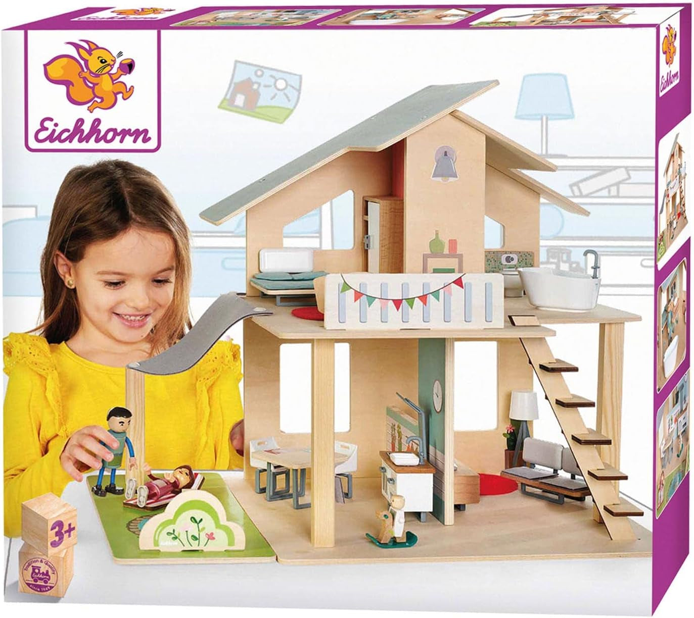Eichhorn - Dollhouse with accessories - Incl. furniture and 3 figurines, Unassembled, Made of wood, 25 pieces, 53X36X44 cm large, From THREE years Naty Shop dollhouses
