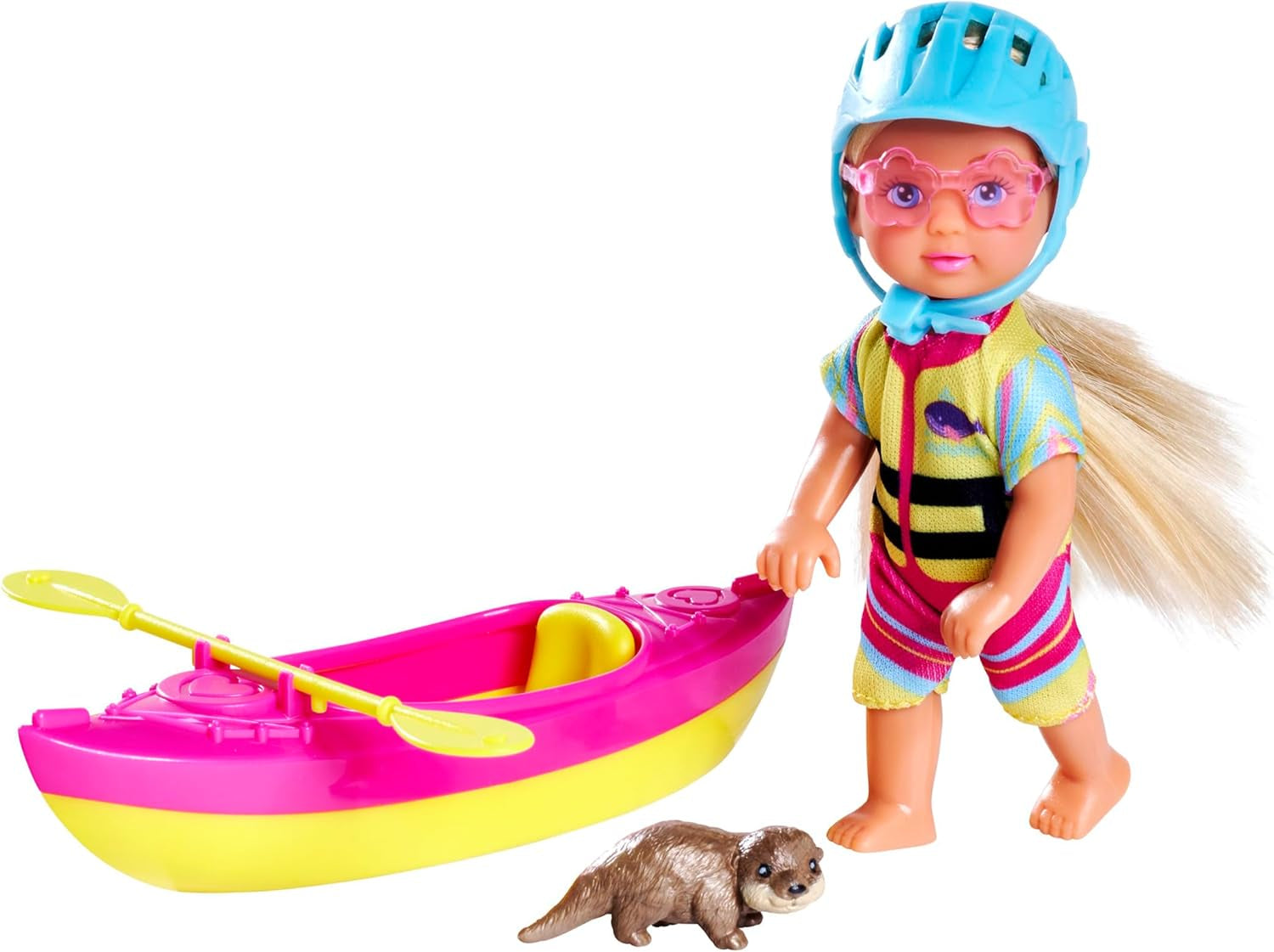 Simba Evi Love Kayak, Spielpuppe Macht eine Kajaktour, mit passer Bekleidung, Helm, Paddel, Sonnenbrille und Otter, 12cm, ab 3 Jahren