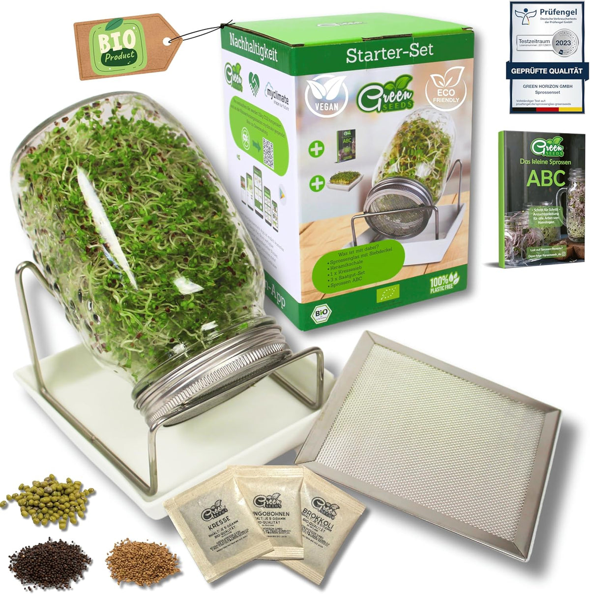 [Original starter set with sprouting jar + watercress strainer | 1000ml with High Quality Stainless Steel Mesh Cover Stand Ceramic Tray + ABC for Germination [Print Version] Seedling Tray with Germination Jar