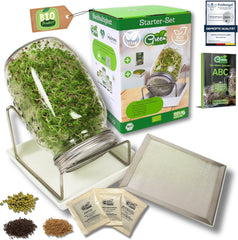 [Original starter set with sprouting jar + watercress strainer | 1000ml with High Quality Stainless Steel Mesh Cover Stand Ceramic Tray + ABC for Germination [Print Version] Seedling Tray with Germination Jar