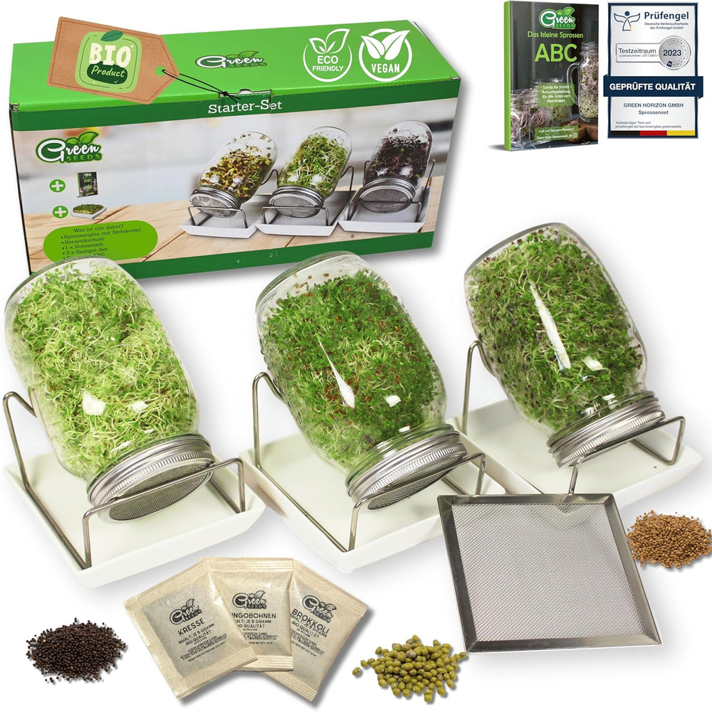 [Original starter set with sprouting jar + watercress strainer | 1000ml with High Quality Stainless Steel Mesh Cover Stand Ceramic Tray + ABC for Germination [Print Version] Seedling Tray with Germination Jar