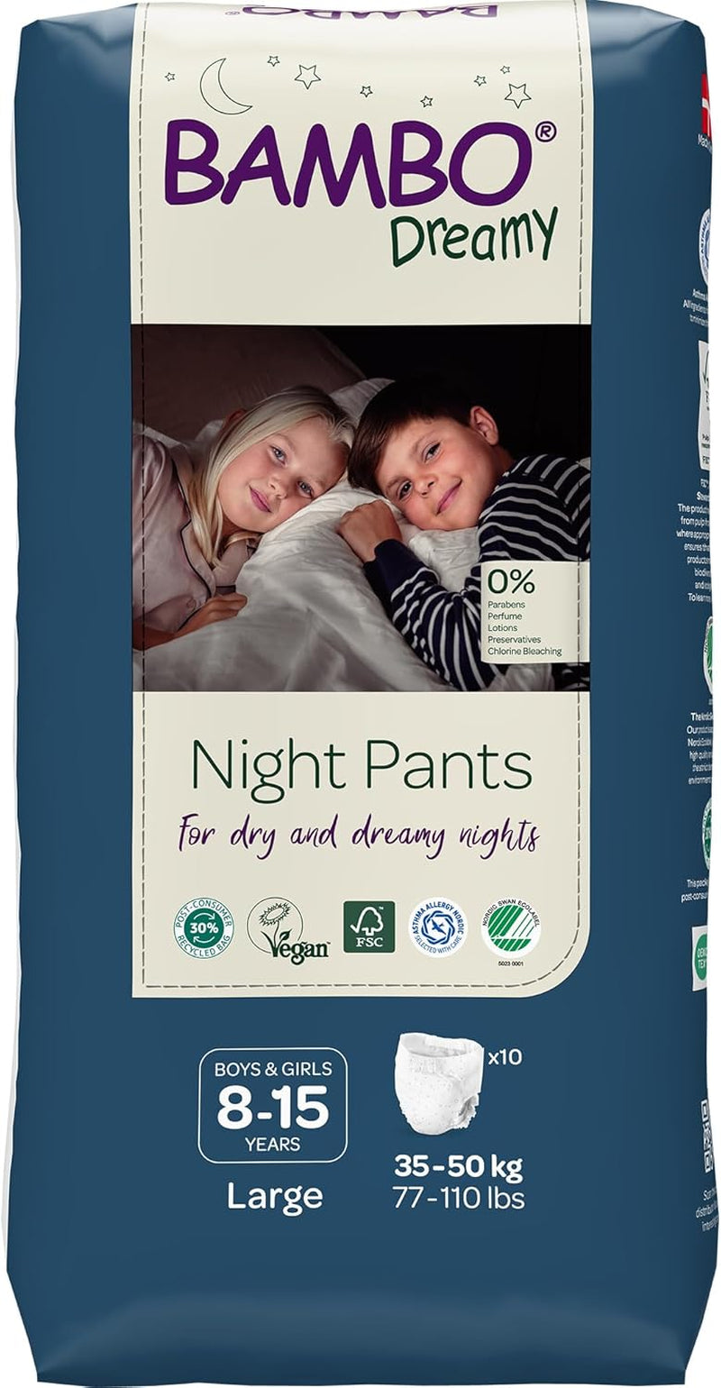 Bambo Dreamy Nighttime Pull-Up Diapers, Large (35-50kg/77-110lbs), 10-Pack | Pull-Up diapers for children | Ultra-absorbent bedwetting nightwear