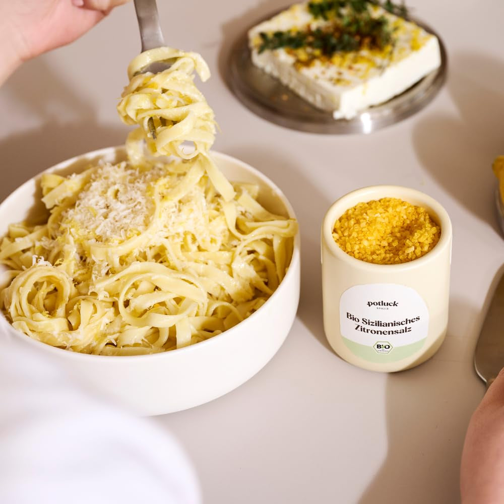 Potluck | Bio Sizilianisches Zitronensalz | Gewürzsalz für Fisch, Meeresfrüchte, Gemüse, Salad und Dressings | 140g in Keramiktopf