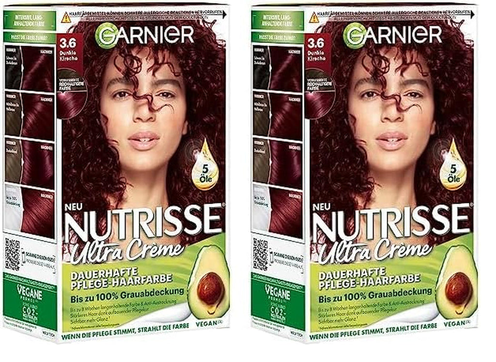 Garnier Nutrisse Permanent Care Hair Colour cu uleiuri hrănitoare din fructe, fixare 8 săptămâni, Ultra Crème Tint, 036 Black Cherry (pachet de 2) Vopsea pentru par Naty Shop Titlu implicit