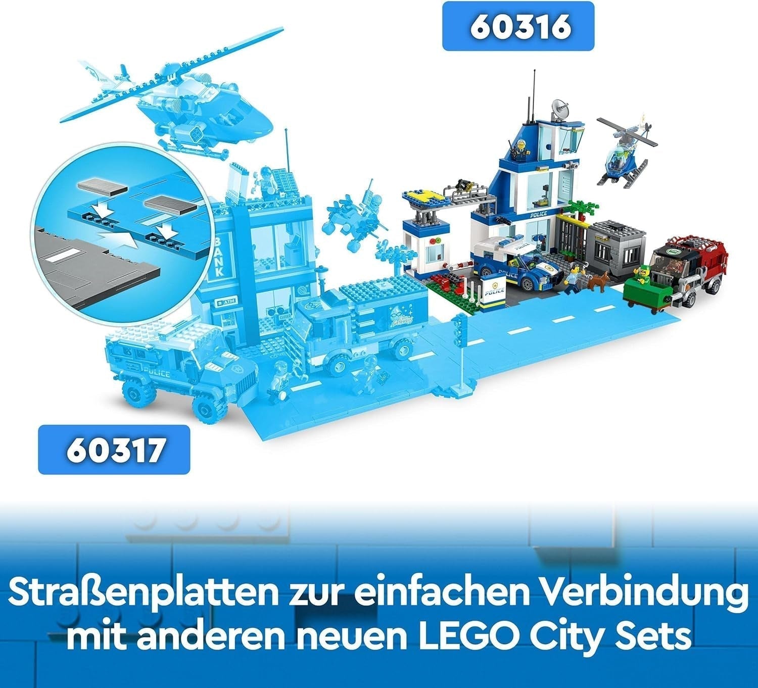 Stație de poliție LEGO 60316 City cu mașină de poliție, mașină Mill și elicopter, clădire construibilă cu 3 figuri, jucărie de poliție pentru băieți și fete de la 6 ani, cadou pentru copii Seturi de constructie Besuche den LEGO-Store