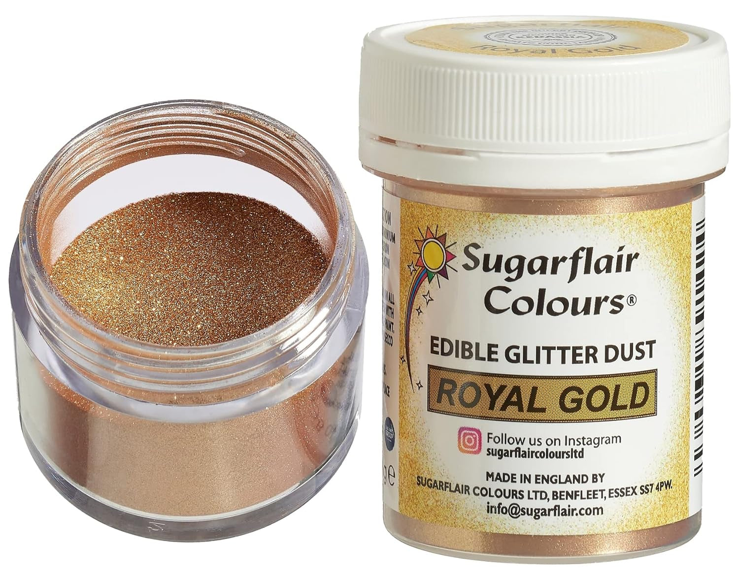 Colorant alimentar comestibil Sugarflair, cu strălucire aurie - Pudră lucioasă alimentară pentru prăjituri, brioșe, ciocolată, produse de patiserie, deserturi, înghețată, băuturi, cocktailuri și multe altele - 10g