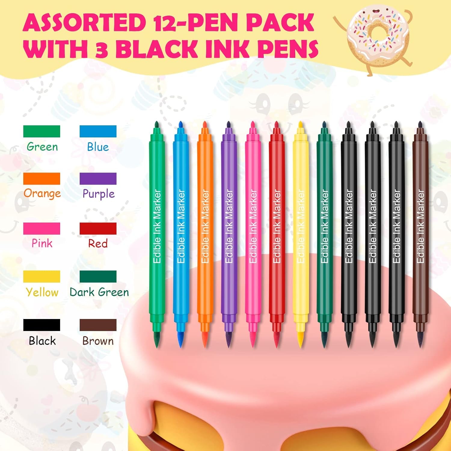 12 bucăți de pixuri colorante alimentare, pixuri colorante alimentare pentru copt, markere alimentare cu vârf fin și gros, pix comestibil pentru prăjituri, fondant, fursecuri, ouă de Paște, macaroane