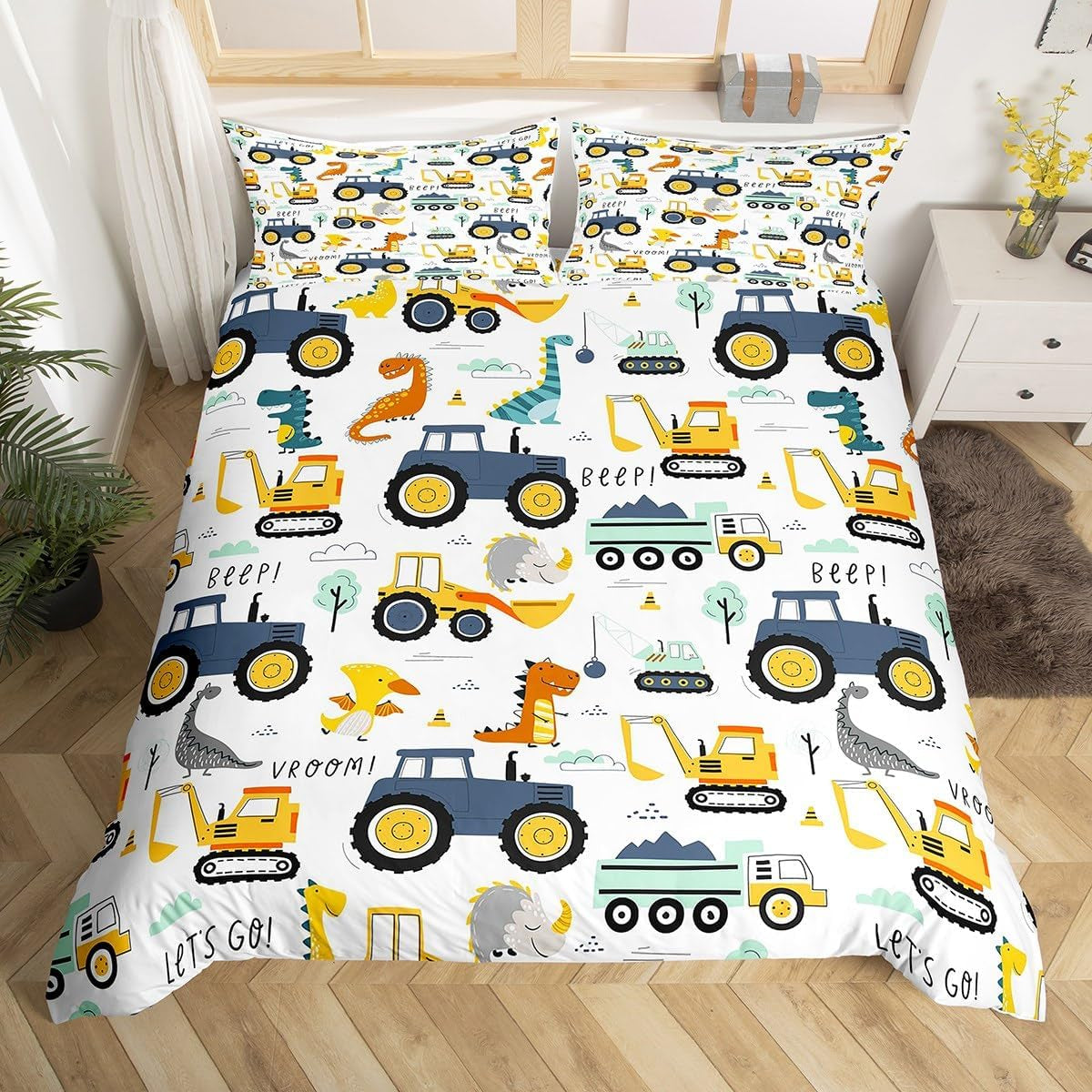 Jungen Cartoon Car Bedding Set 135X200,Kinder Bau Fahrzeuge Tröster Abdeckung Für Kind Kleinkind Teens,Dinosaurier Bettbezug,Traktor Maschinerie Bagger Bettdecke Abdeckung,Lkw Autos Bettdecke Naty Shop