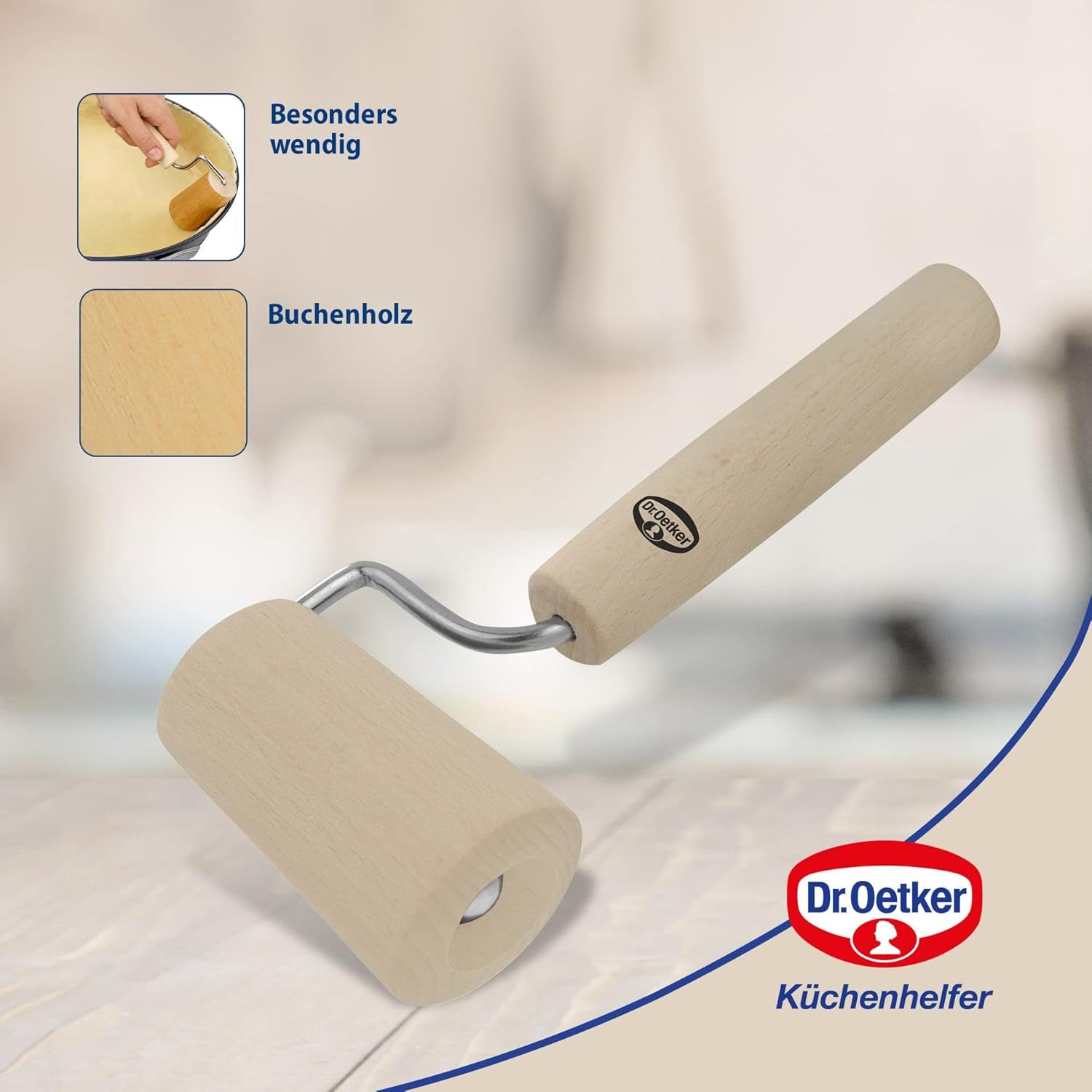 Dr. Oetker Teigroller aus Holz – Teigrolle aus high-quality Buchenholz – Perfekt für round und eckige Formen – approx. 18 x 7 cm, Rolle Durchmesser ca. 4.5 cm