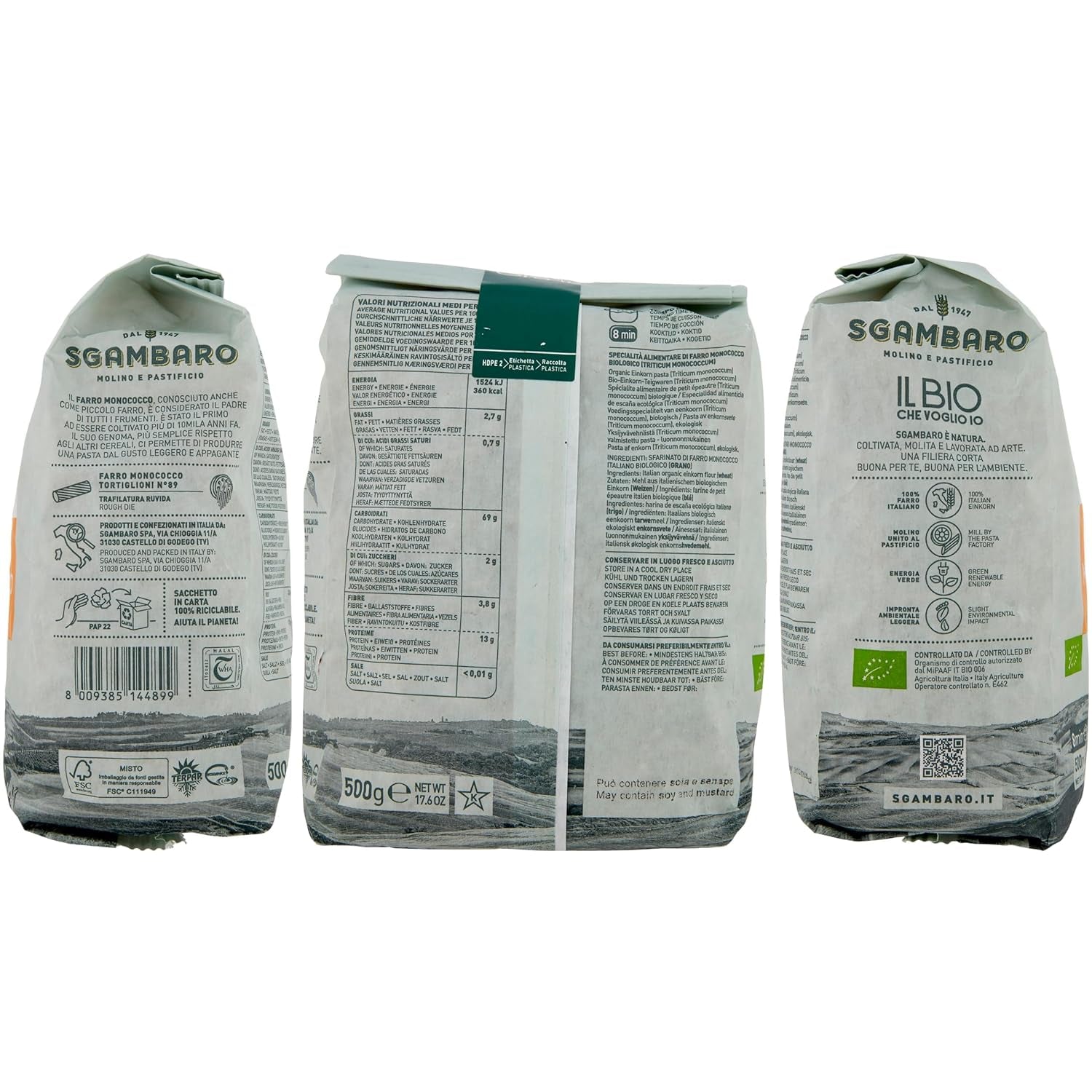 Organic Tortiglioni Pasta No. 89 - 500g Low-fat wheat pasta – Low fat content – ​​Source of fiber and protein