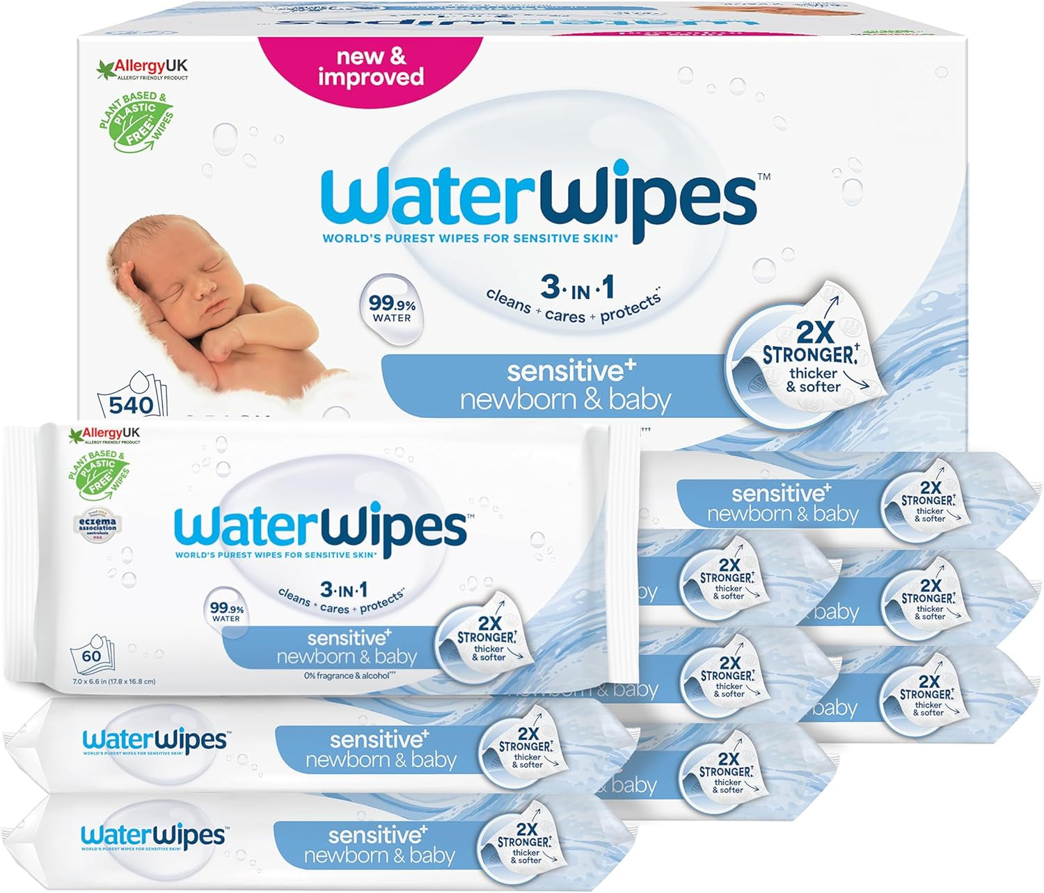 WaterWipes Sensitive+ Wet Wipes for Newborns and Babies, 360 Pieces (6 Pack), 3-in-1 Cleaning, Care, Protection, 99.9% Water, Fragrance Free