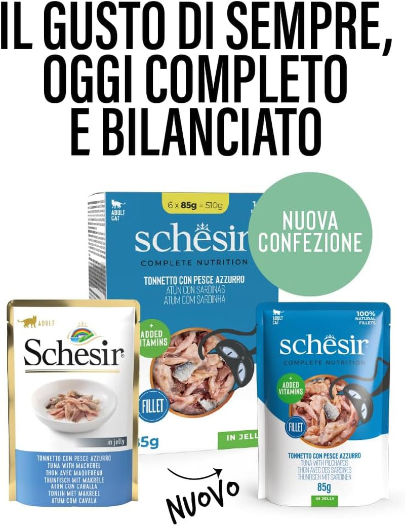 , Thunfisch mit blauem Fisch in Gelee, komplettes Nassfutter für Katzen, im Beutel, mit zusätzlichen Vitaminen, 100% natürlich, 6 x 85 g