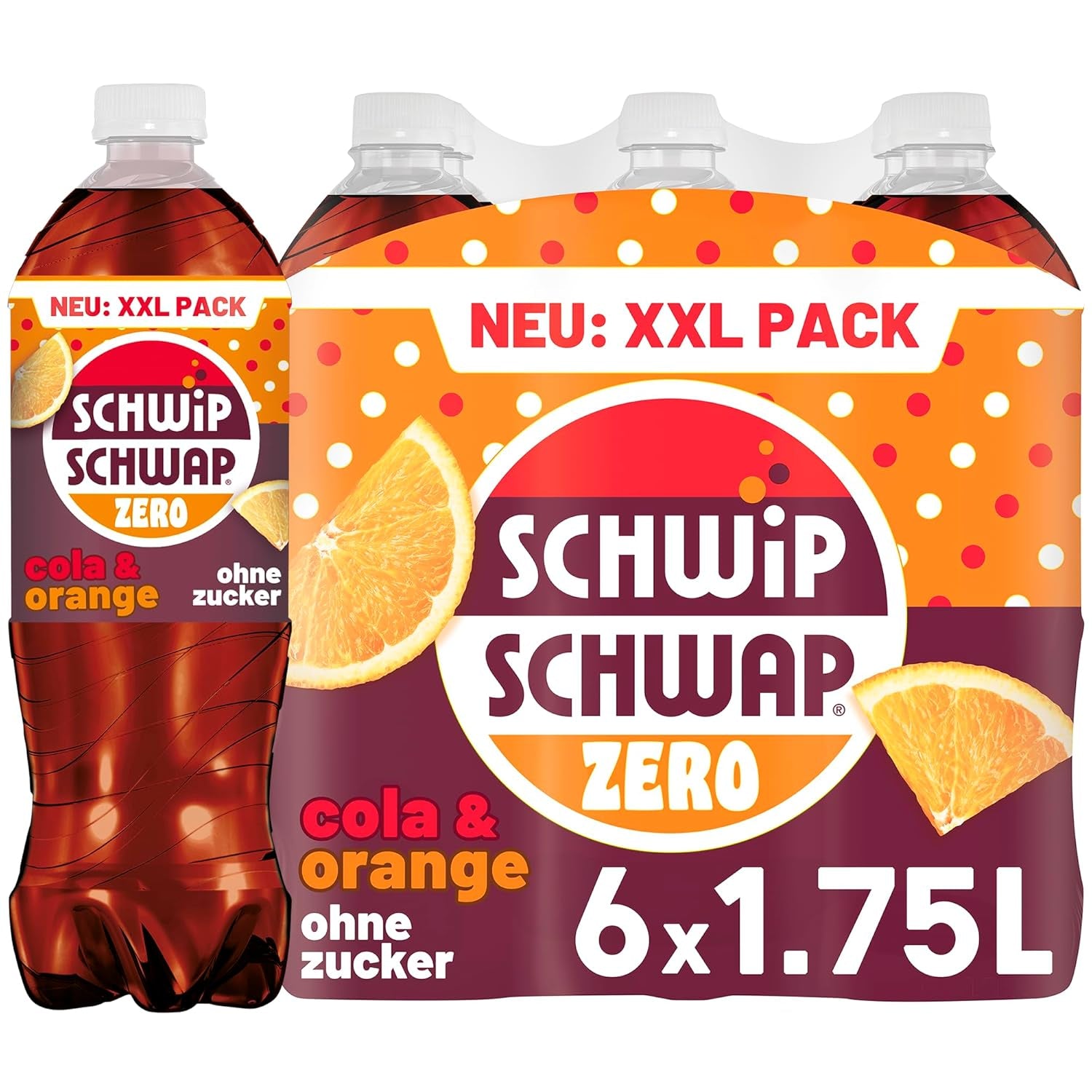 SCHWIPSCHWAP ZERO - XXL PACK - Caffeinated cola soft drink with oranges, set 6 x 1.75 liters Naty Shop