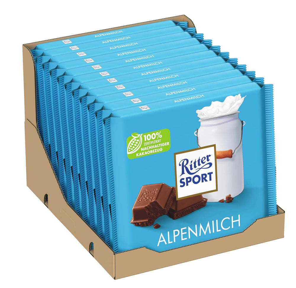 Ritter Sport 250g Alpine Milk Chocolate, The finest whole milk chocolate with a creamy taste, Classic chocolate to share with friends, 11 bars x 250g