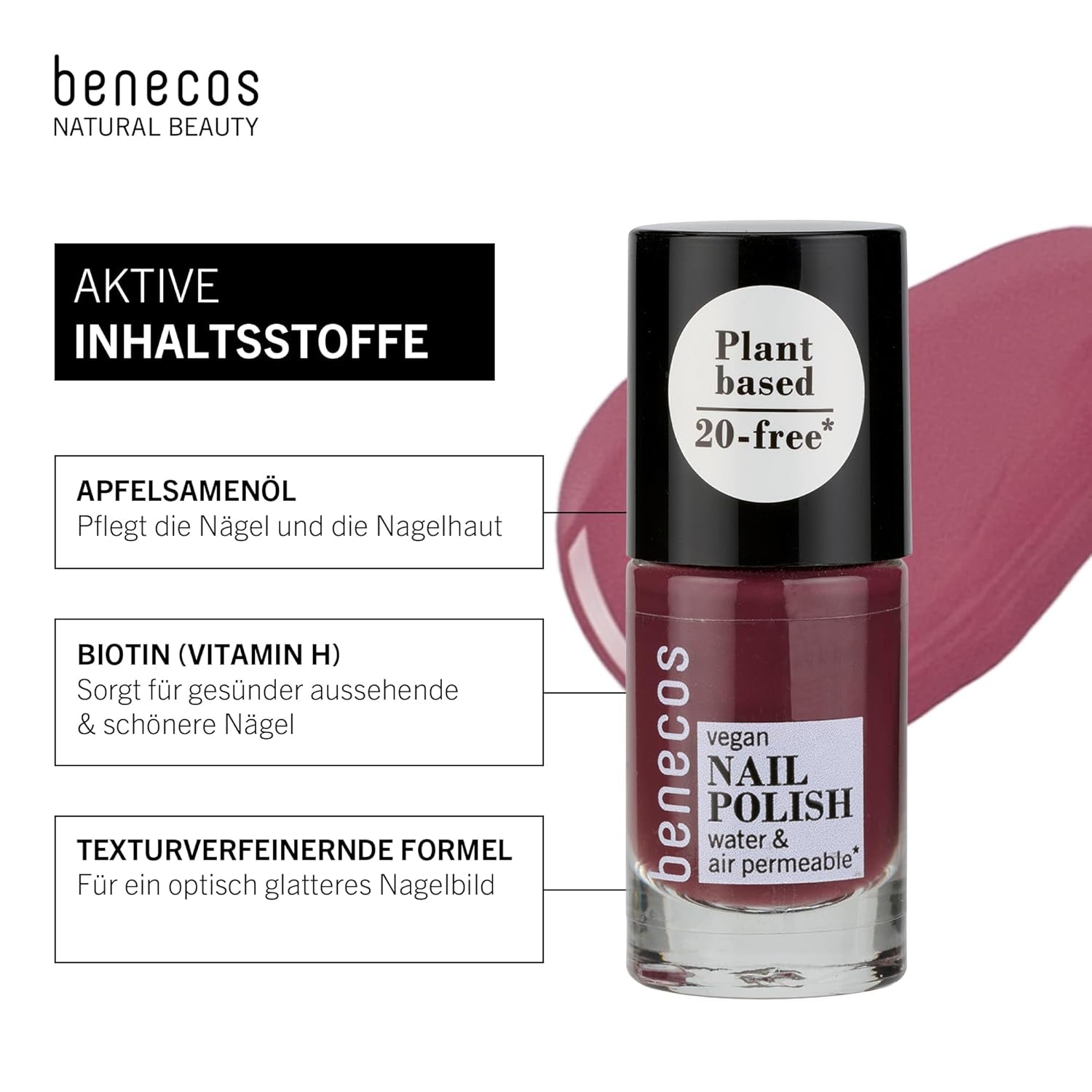 Benecos 20-Free vegan nail polish, sweet plum shade - herbal nail polish - fast drying and long lasting - water permeable - enriched with biotin - 5ml