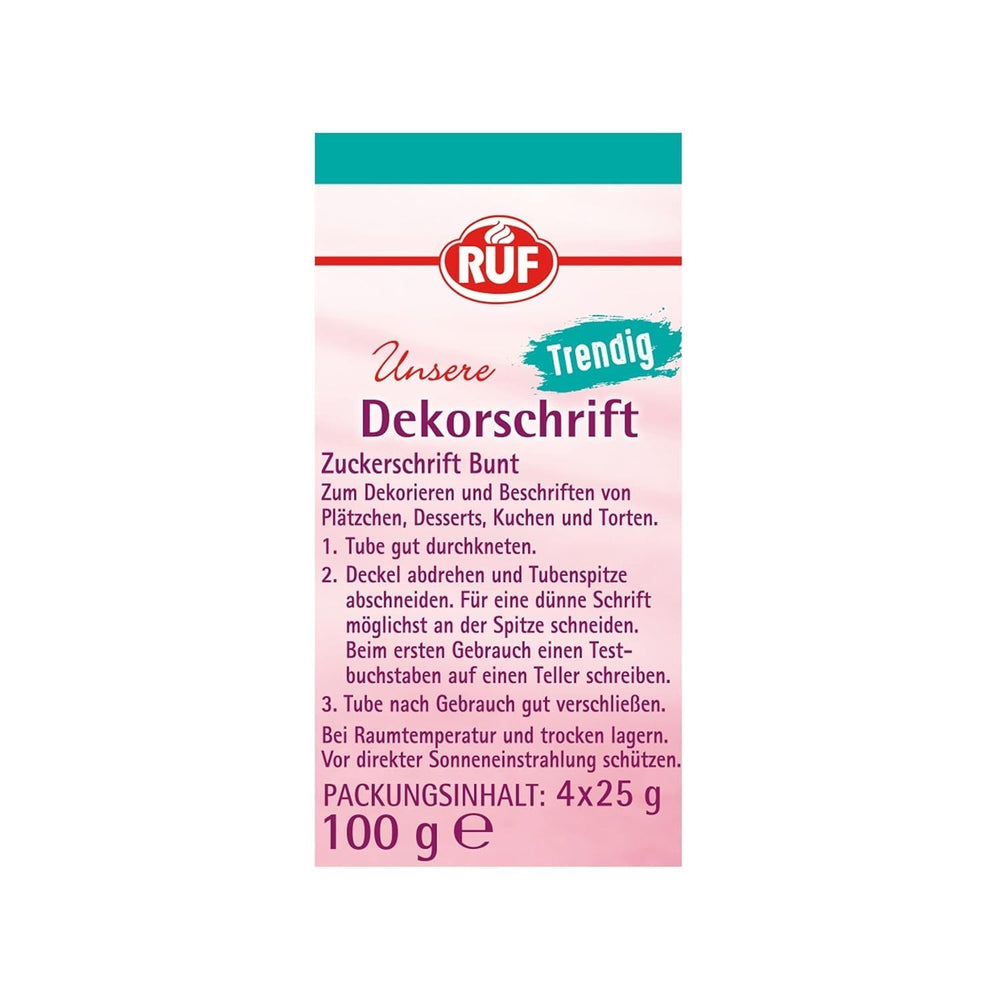 RUF Zucker-Schrift, 4 Tuben Dekor-Schrift in Türkis, Pink, Orange & Blau, Zur Beschriftung Von Glasur, Zuckerguss Und Fondant, Tortendeko Für Weihnachtsplätzchen, 4 X 25G Glazuri si Decor Naty Shop