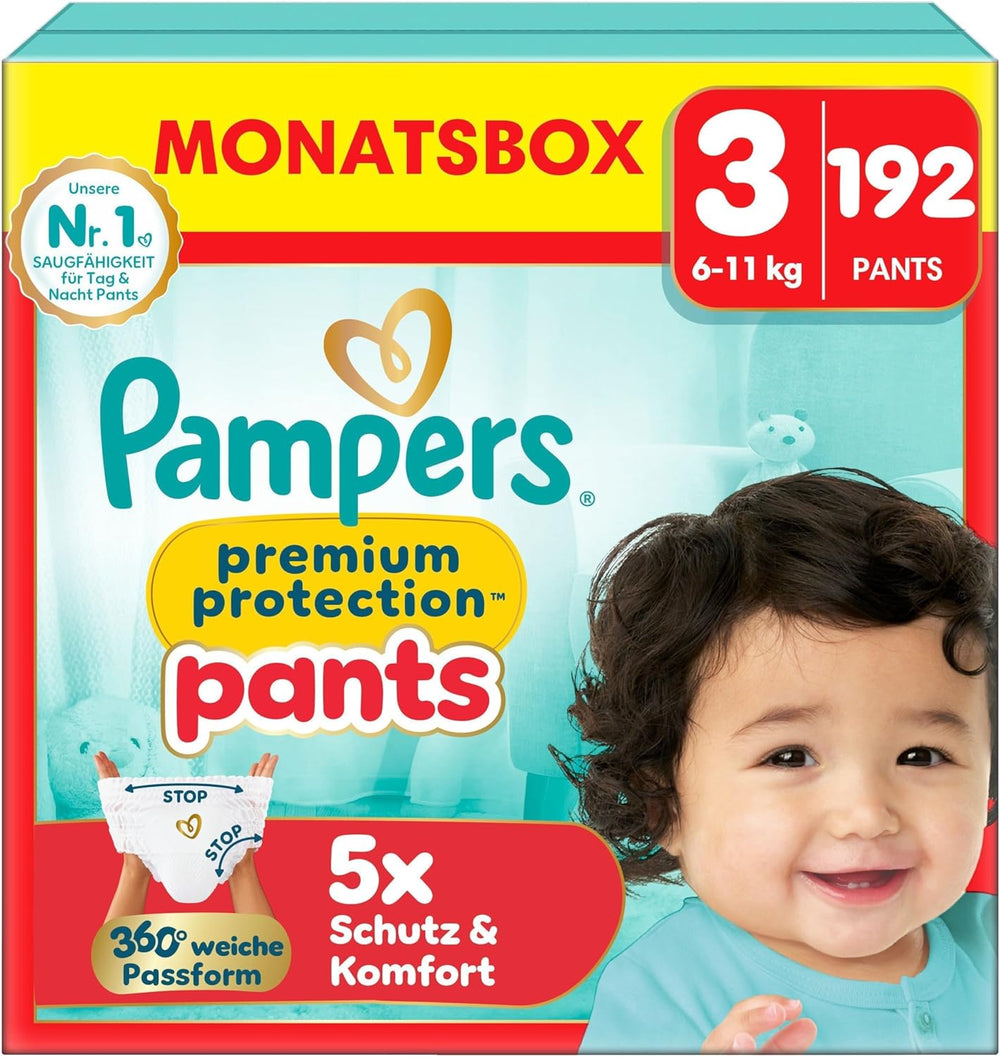 Pampers Premium Protection Pants Size 7, 123 Diapers, 15kg+, with 360° adjustment and soft anti-leak cuffs for optimal comfort and protection