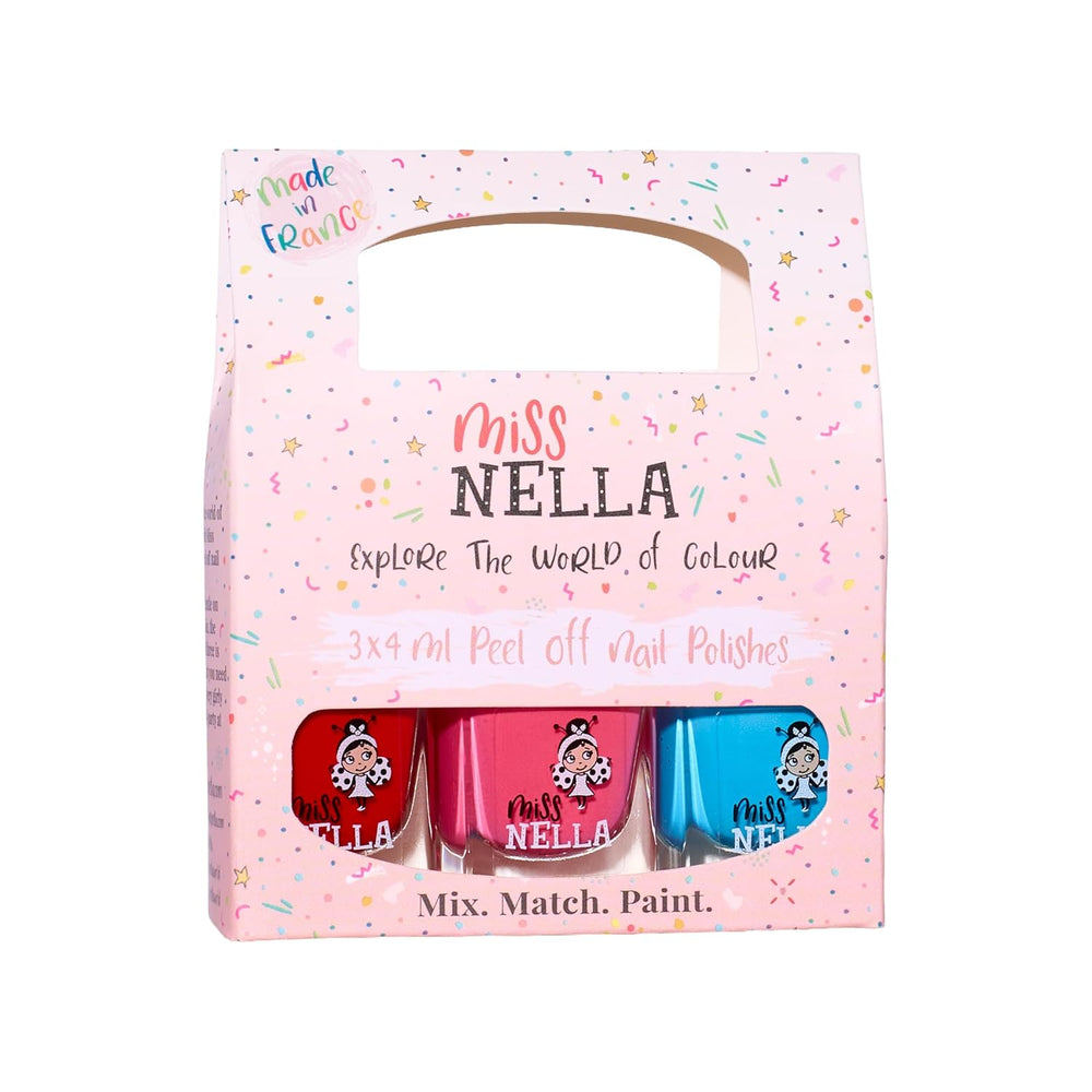 Miss Nella Magic Collection 4 Piece Glitter Nail Polish Set: Pink, Red, Gold and Blue, Kids Special Removable Nail Polish, Non-Toxic, Water-Based, Odorless