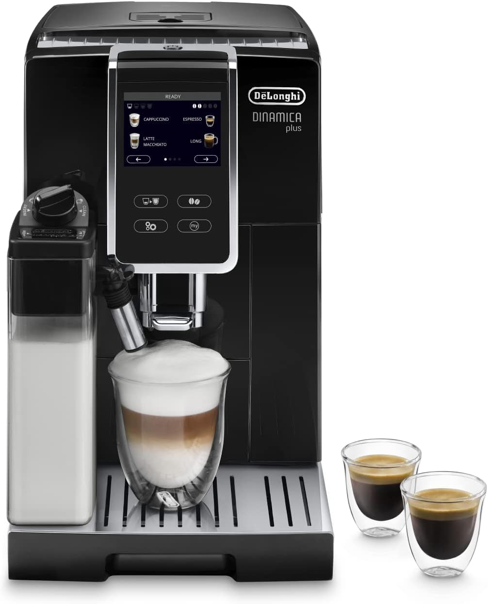 De'Longhi Dinamica Plus ECAM 370.70.B Espressor complet automat cu sistem LatteCrema Milk, Cappuccino și Espresso, ecran tactil color TFT de 3,5 inci și control prin aplicație, funcție cafetieră, negru