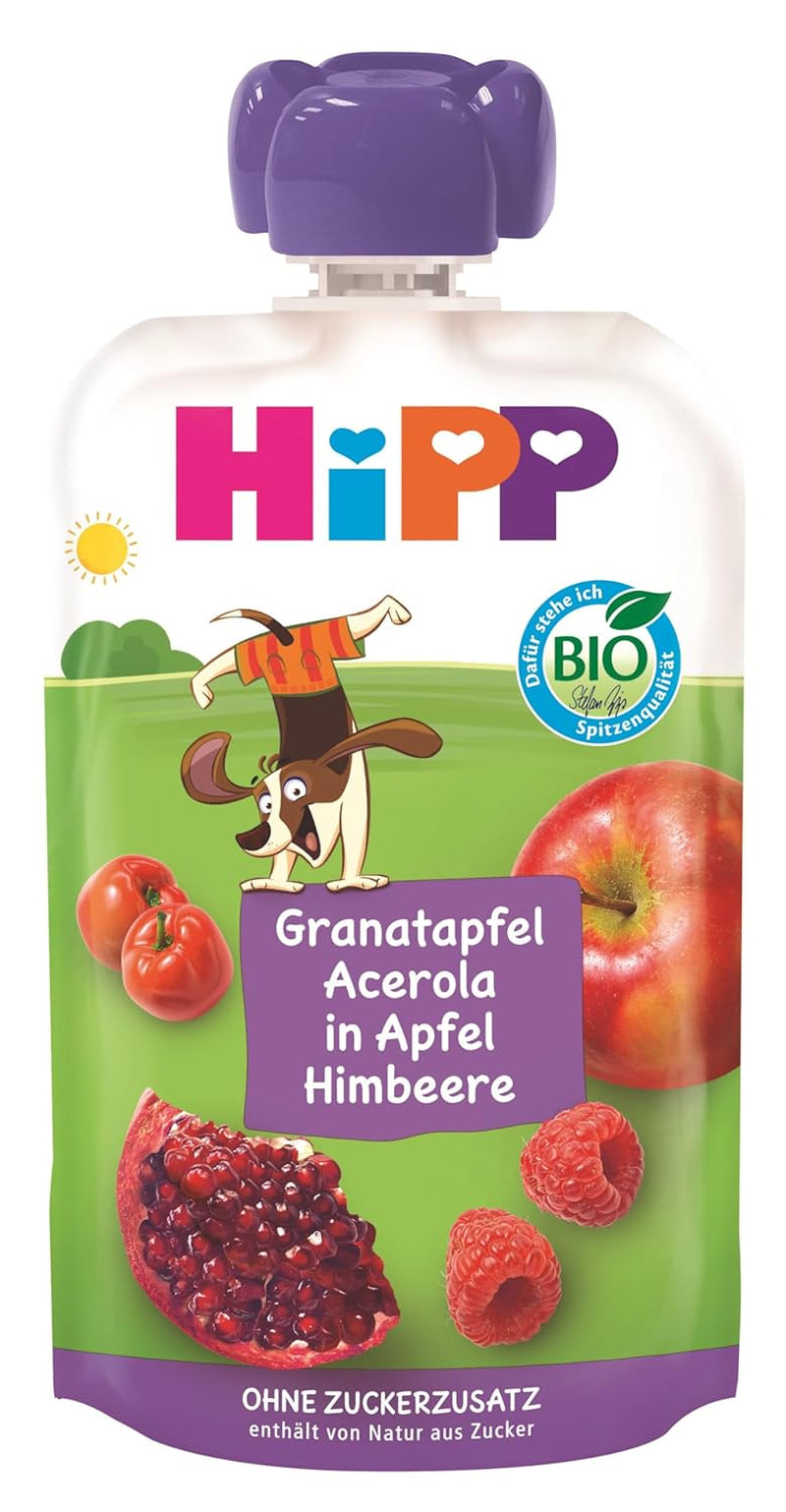 HiPP Organic Fruit Plus sachets with pomegranate and acerola in a mixture of apple and raspberry - Ben Beagle (8 x 100g), from 1 year, 100% fruit puree, no added sugar, vegan, best organic quality