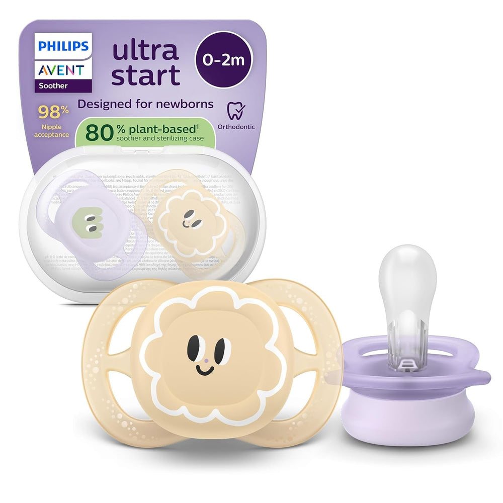 Suzetă de noapte Philips AVENT Ultra Start, suzetă ortodontică pentru nou-născuți, strălucește în întuneric, fără BPA, cu recipient de sterilizare, pachet dublu, Lună, Stea, SCF075/07