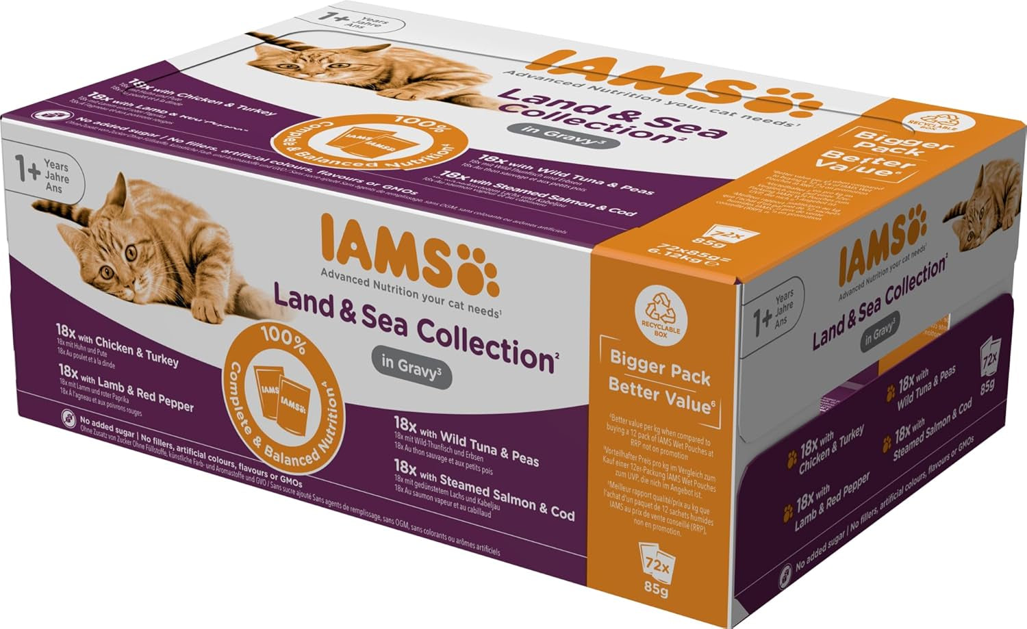 IAMS Delights Land & Sea Collection Hrană umedă pentru pisici - Pachet multiplu cu sortimente de carne și pește în sos, hrană umedă pentru pisici de la 1 an, 72 x 85 g