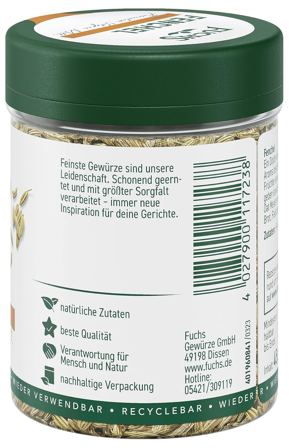 Fuchs Gewürze - Fennel ganz - sweet-würziges Aroma für Obstsalate, Oat-Meals oder Curries - natural ingredients - 45 g in wiederverwendbarer, recyclebarer Dose