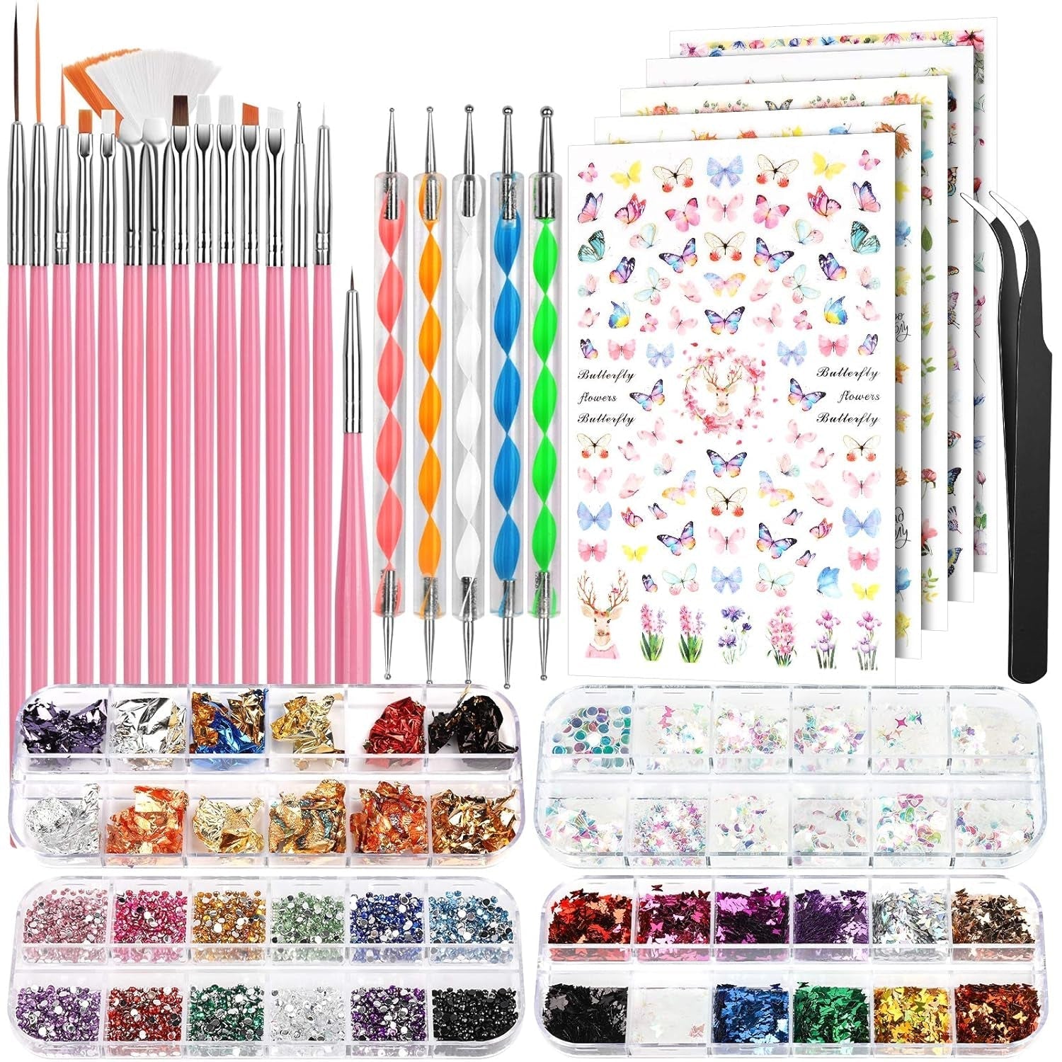 FANDAMEI Pinsel Für Gelnägel, 15 Pcs Nagel Pinsel, 5 Blätter Nagelsticker, Strasssteine Nägel, Nageldesign Set, Nageldesign Zubehör, Nail Art Pinsel Set, Nailart Pinsel Und Dekorationen Set