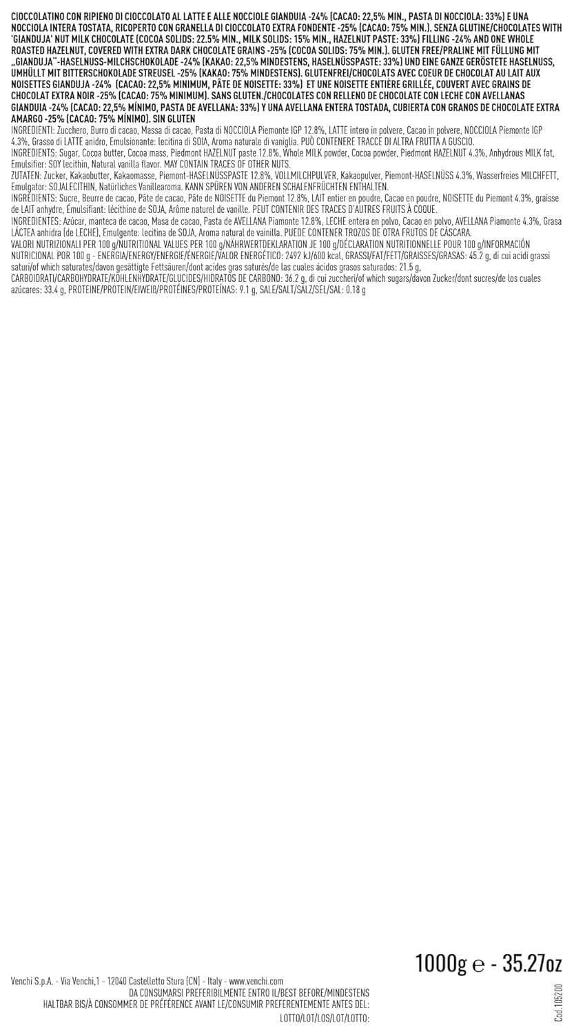 Venchi – Chocoviar Gianduia, pralines in a 1 kg bag, Gianduia chocolate produced exclusively with "Piedmont forest hazelnuts", gluten-free, without artificial colors and without preservatives