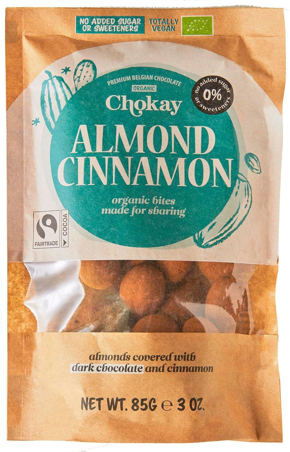 Set of 4 Organic Bites - Cinnamon Almonds/Cinnamon Almonds in Belgian Dark Chocolate/No Added Sugar, No Sweeteners/VEGAN & FAIR TRADE / 4 x 85g