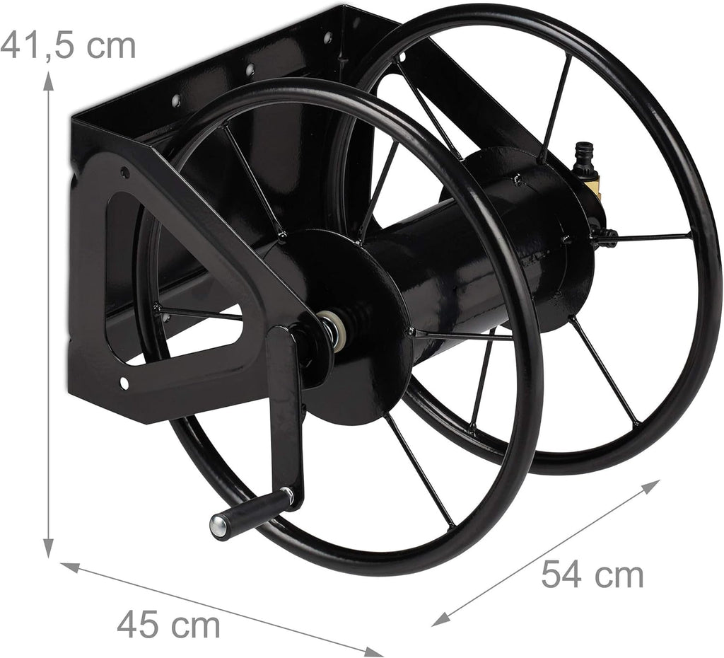 Tambur furtun Relaxdays, tambur furtun cu manivelă, pentru furtun de 60 m, oțel, ÎxLxA: 41,5 x 54 x 45 cm, negru