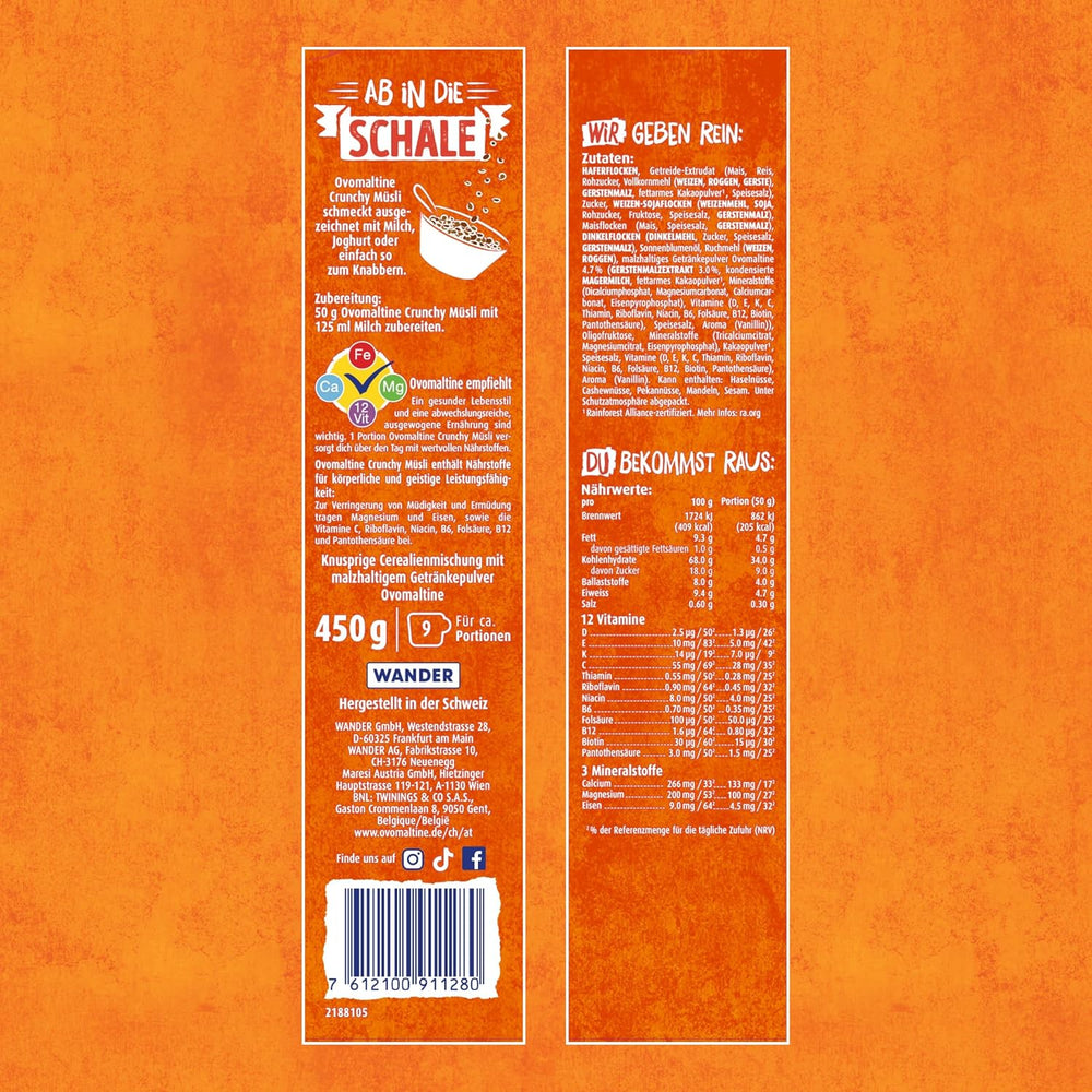 Ovomaltine Crunchy Muesli - crunchy muesli with chocolate, with a unique mixture of cereals and Ovomaltine - muesli with chocolate, valuable vitamins, fibers and minerals (1 x 450g)