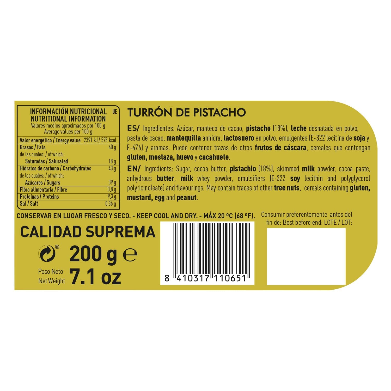 Artisanal chocolate pistachio turrón, 200g, creamy texture, superior quality, fine ingredients, authentic taste, the most expensive turrón in the world