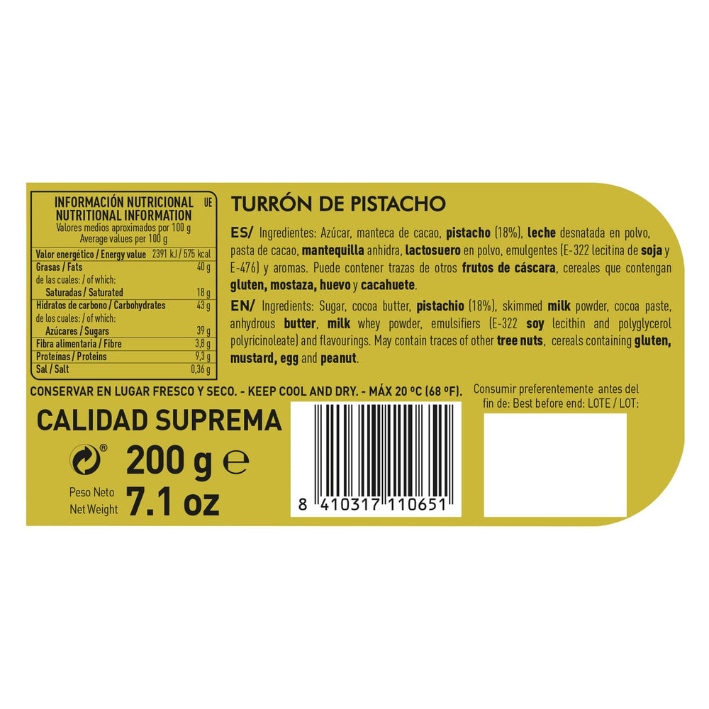 Artisanal chocolate pistachio turrón, 200g, creamy texture, superior quality, fine ingredients, authentic taste, the most expensive turrón in the world