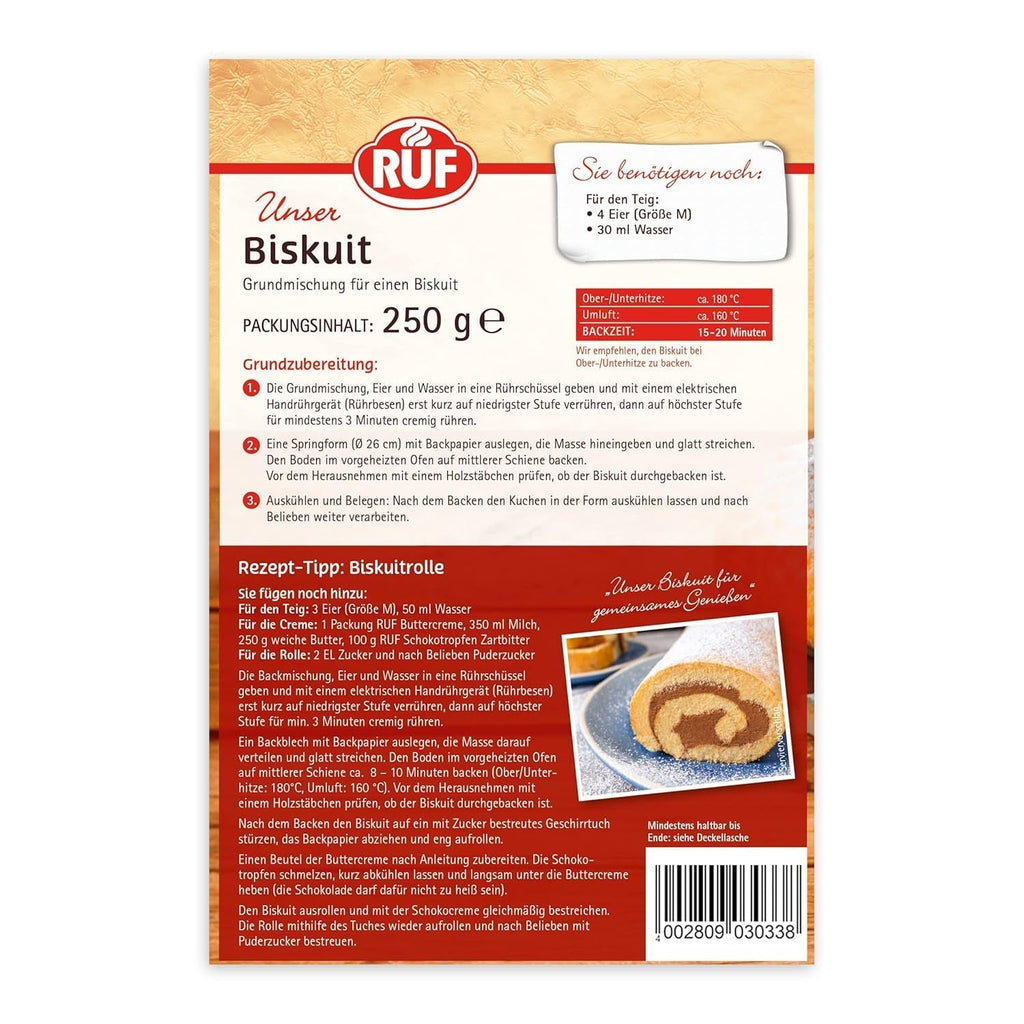 RUF Biskuit Teig, Backmischung Für Einen Saftigen Biskuitteig, Gelingsicher Und Schnell Zubereitet, Zur Herstellung Von Biskuitrollen, Biskuitkuchen Oder Tortenboden, 1 X 250G Naty Shop