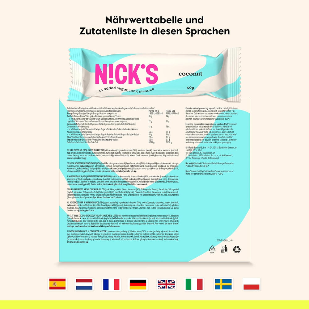 NICKS Keto Coconut Bars, Chocolate Coconut Snacks, 175 Calories, 2 Net Carbs, No Added Sugar, Gluten Free, Low Carb Sweets (15 x 40g)