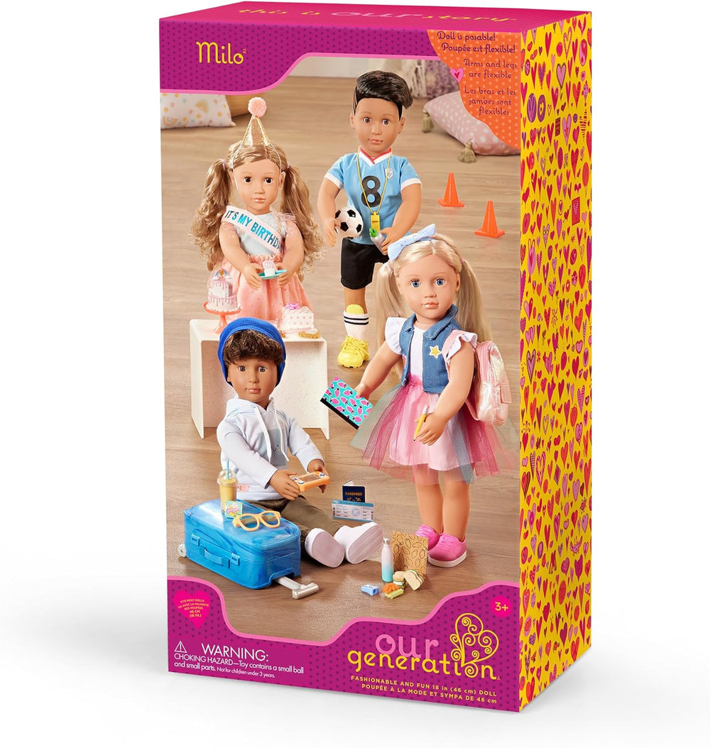 Our Generation – Milo – Păpușă băiat 46 cm – Ochi căprui realiști și păr castaniu creț – Bagaj cu roți și accesorii de călătorie – Joc de simulare – Jucărie pentru copii cu vârsta de 3 ani și peste