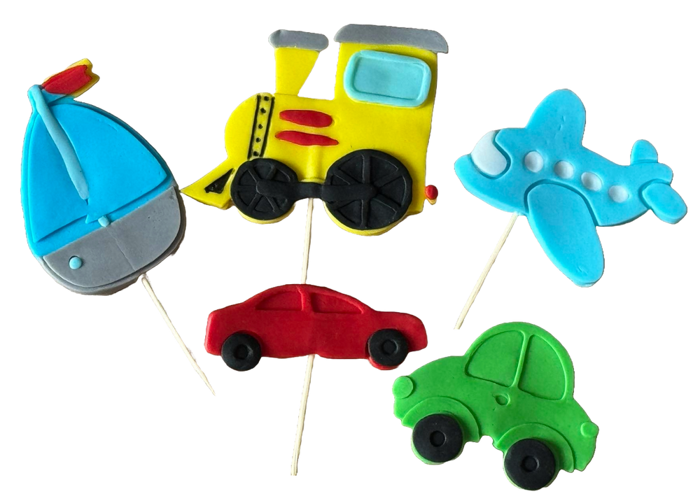 Set 5 decoratiuni comestibile din zahar, Autovehicule Decoratiuni din Pasta de Zahar Nati Shop