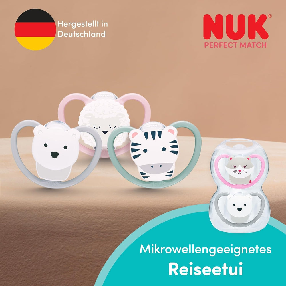 Suzete NUK Perfect Match Air pentru bebeluși | 6-18 luni | Suzete ortodontice care promovează circulația aerului și previn erupțiile cutanate cauzate de salivație | Acceptare 95% de către bebeluși** | Zebră/Leu | Pachet de 2