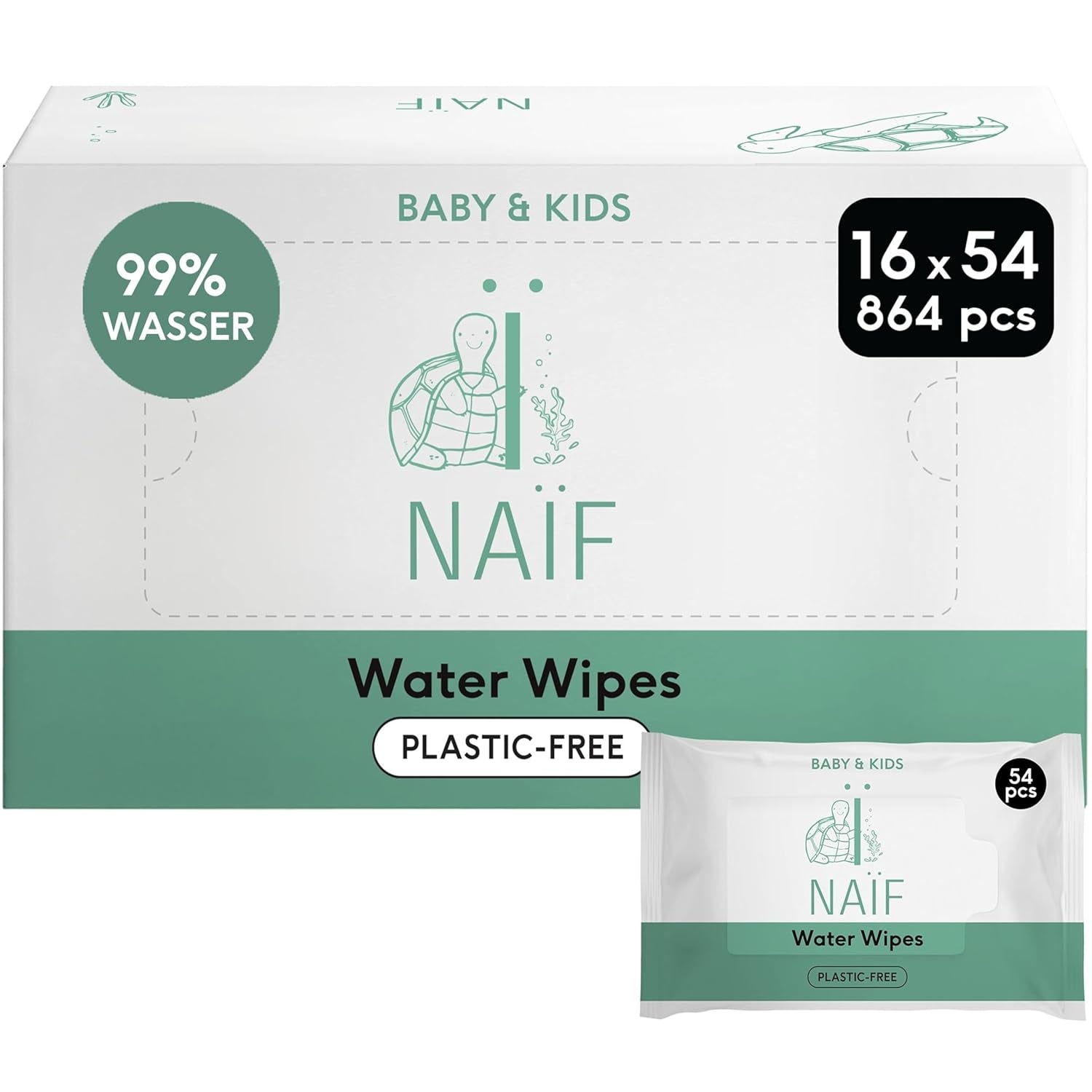 Naïf - Șervețele umede fără plastic - 864 bucăți (16 pachete a câte 54 de șervețele) - Îngrijire pentru fundulețul, corpul și fața bebelușului - 99% apă - 0% parfum și alcool