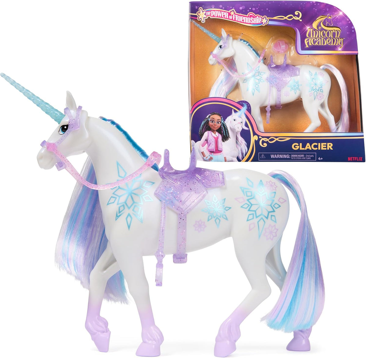 Unicorn Academy Unicorn Glacier - 28 cm înălțime, unicorn original din serialul Netflix al Laylei, cu coamă și coadă reale, frâu și șa detașabile și perie, pentru copii cu vârsta de 4 ani și peste