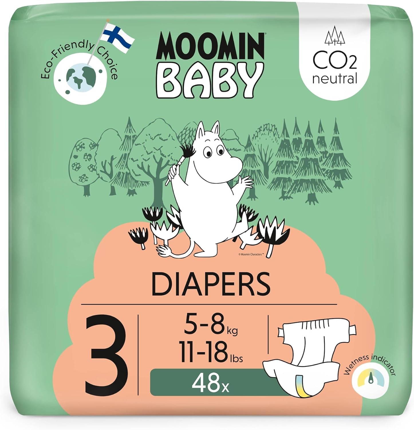 Moomin Baby Eco Diapers, Size 3, 5-8kg, 48 Pieces, Premium Soft Diapers | Soft and skin-friendly, breathable, absorbent, no unnecessary chemicals |