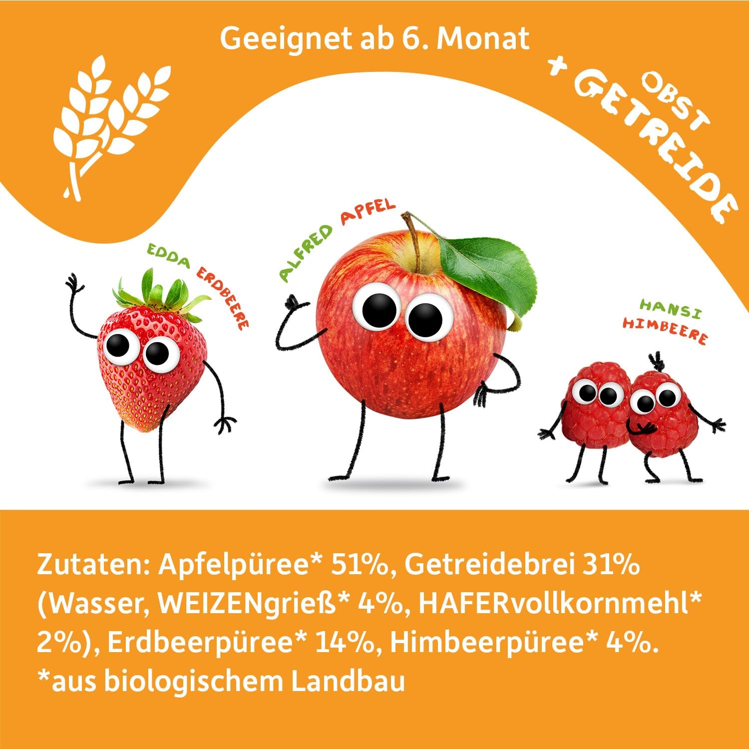 FRECHE FREUNDE Bio Quetschie Apple, Erdbeere, Himbeere mit Grieß, Fruchtmus mit Getreide in Quetschbeutel für Babies from 6. Month, vegan, 6er Pack (6 x 100g)