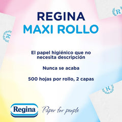 Regina Maxi-Roll - 4 role de hârtie igienică, 500 de foi cu 2 straturi per rolă, de mai mult de trei ori o rolă standard, 60% ambalaj din plastic reciclat, 100% hârtie certificată Fsc