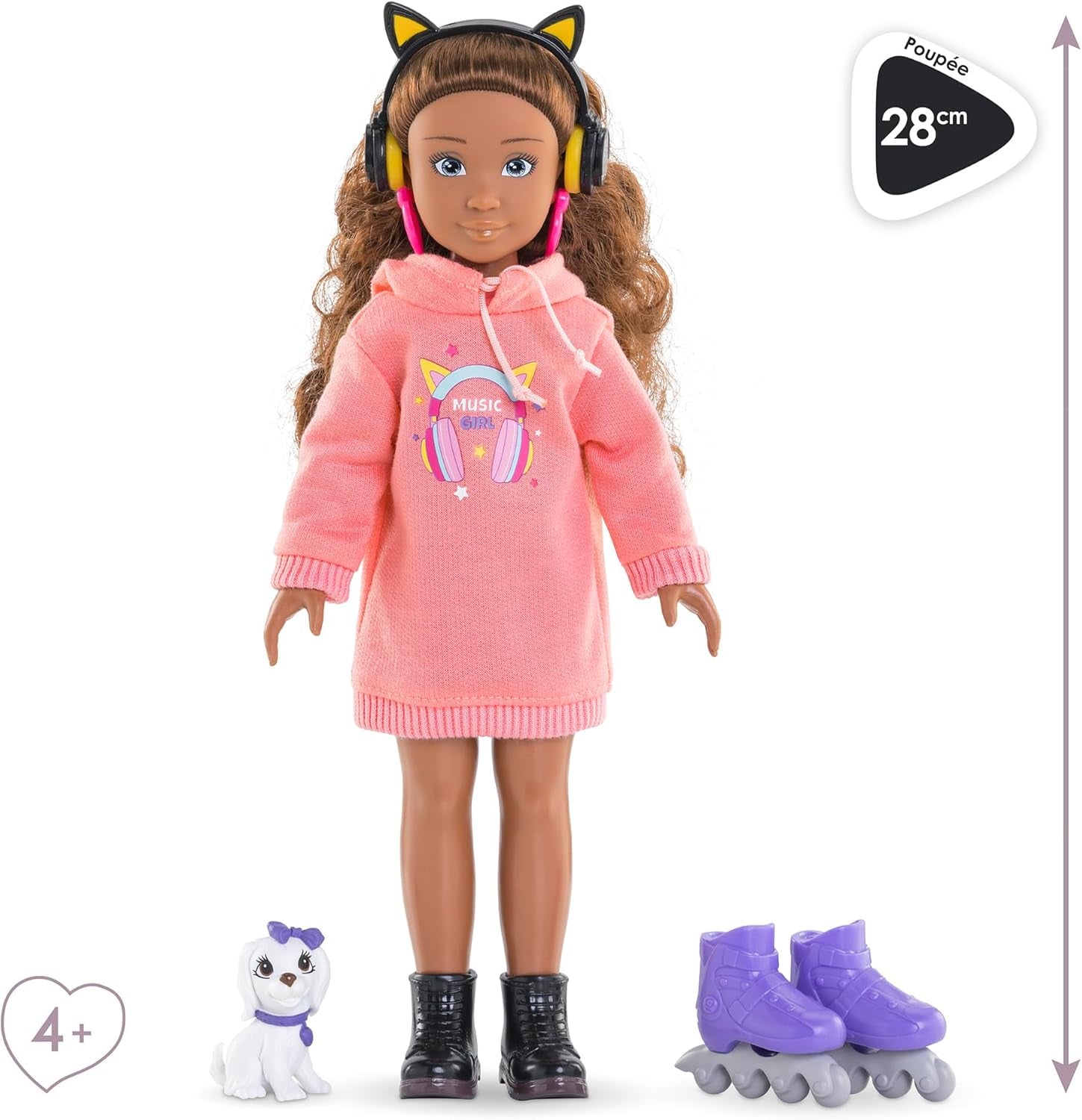 Corolle Girls Melody Music und Fashion Set, Ankleidepuppe im cool Hoodiekleid mit Hund, trendy Kopfhörer, Ohrringe und extra Inlineskates, Vanilleduft, 28cm, ab 4 Jahren