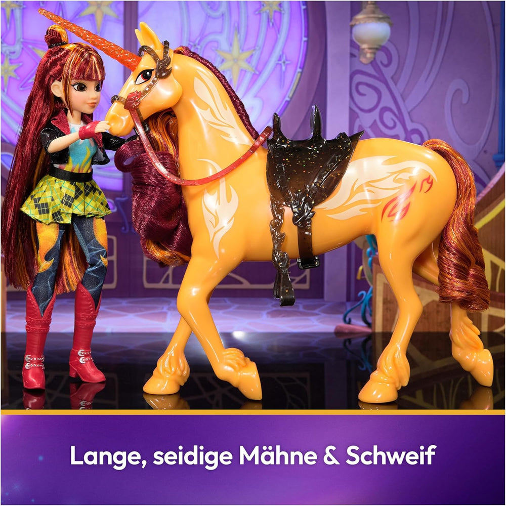 Unicornul Cinder de la Unicorn Academy - 28 cm înălțime, unicorn original de Valentina din serialul Netflix, cu coamă și coadă reale, frâu și șa detașabile și perie, pentru copii cu vârsta de 4 ani și peste