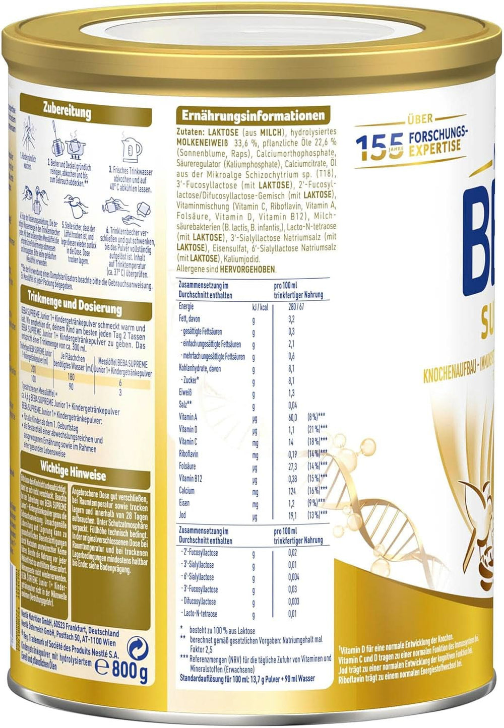 Children's drink BEBA SUPREME Junior 1+ from 1 years, food for children with 6 HMO complex, only lactose, without palm oil, pack 6 (6 x 800 g) Mother and Child Naty Shop